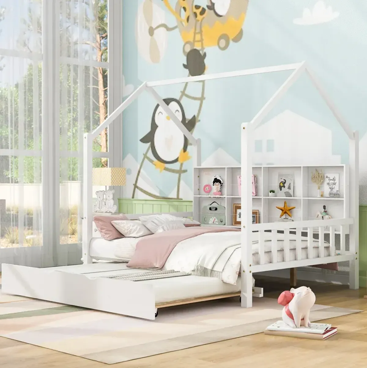 Merax Wooden House Platform with Trundle Bed Frame