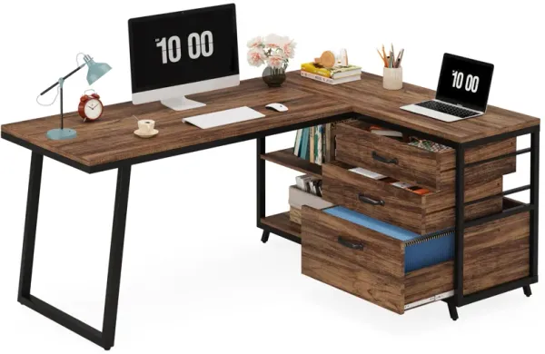 L-Shaped Computer Desk with 3 Drawers, Reversible Corner Home Office Desk with Shelves, 53-Inch Industrial PC Desk Study Writing Table Workstation for Small Space,