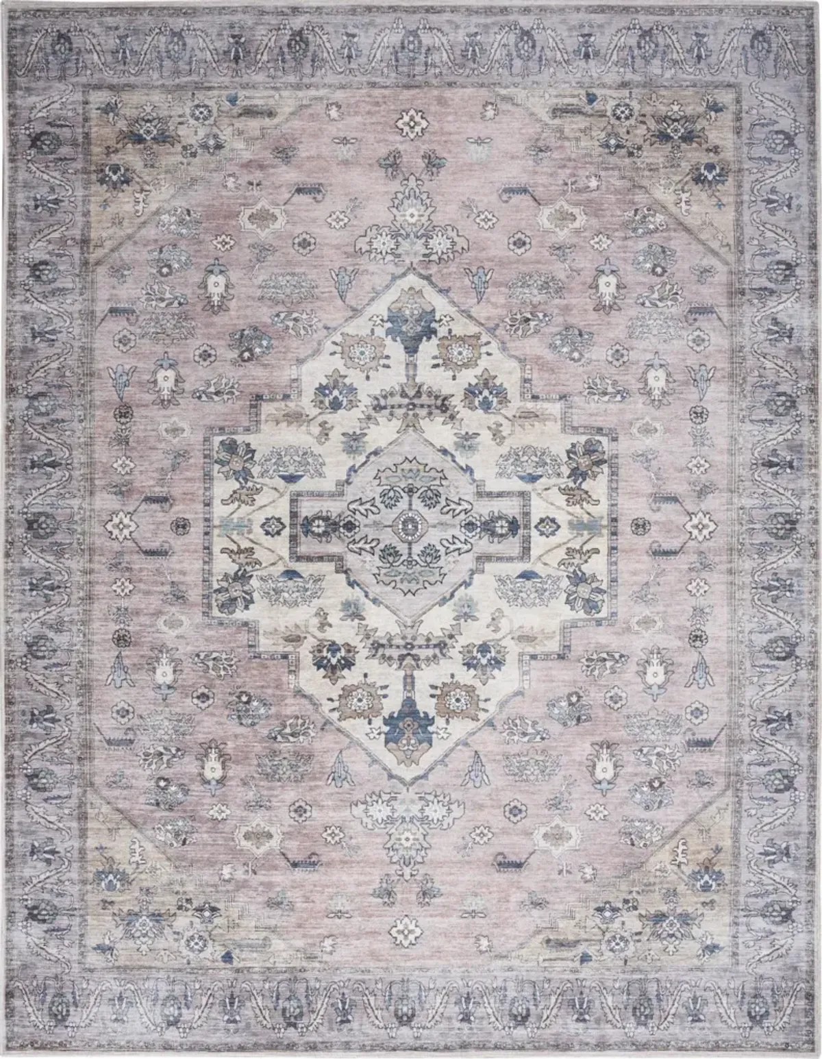5 x 7 Pink and Blue Oriental Power Loom Distressed Washable Non Skid Area Rug