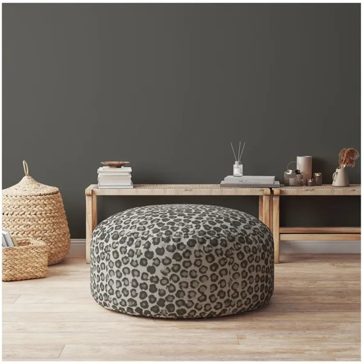 Hivvago 24" Beige Round Floral Pouf Ottoman