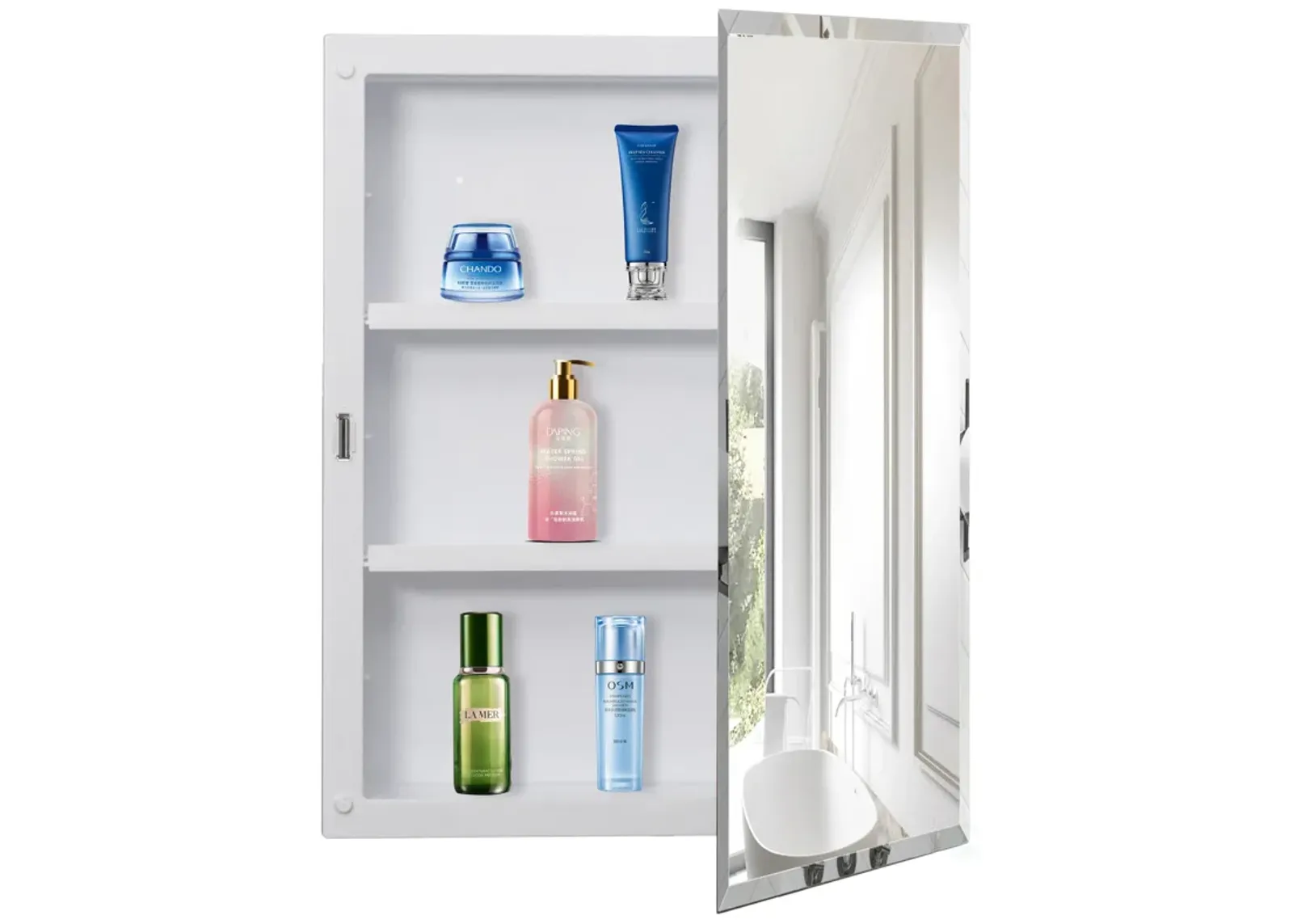 Basicwise Single Door Multi-Purpose Plastic Bathroom Medicine Cabinet with Mirror, Surface or Recessed Mount, Vanity Cabinet with 2 Plastic Adjustable Shelves, White