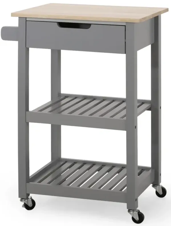 Dino Kitchen Bar Cart, Drawer, 2 Open Shelves, 34 Inch Gray Rubberwood - Benzara