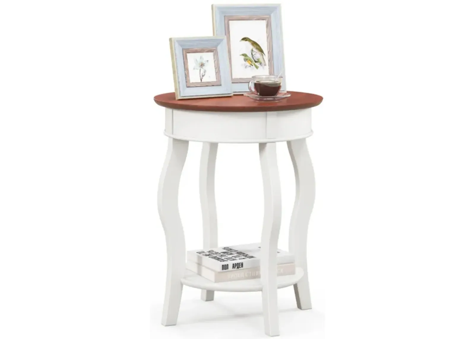 Hivvago 2-Tier Round End Table with Storage Shelf and Solid Rubber Wood Legs