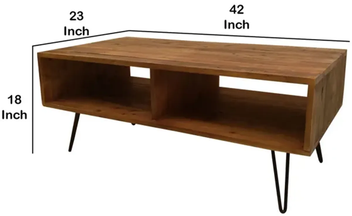 42 Inch Modern Cocktail Coffee Table with Open Compartments, Brown Wood Top-Benzara