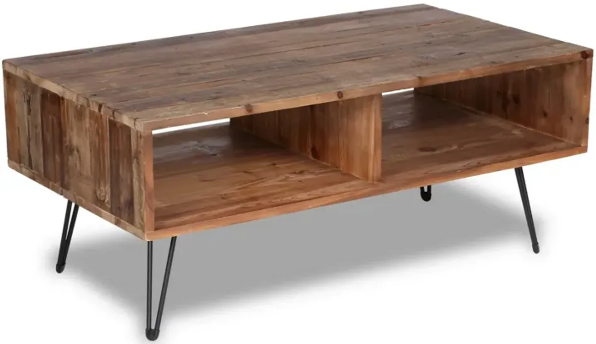 42 Inch Modern Cocktail Coffee Table with Open Compartments, Brown Wood Top-Benzara