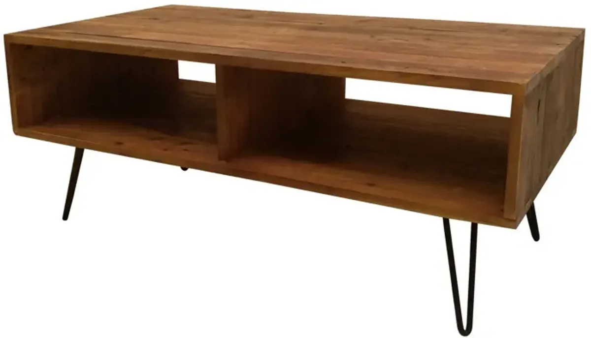 42 Inch Modern Cocktail Coffee Table with Open Compartments, Brown Wood Top-Benzara