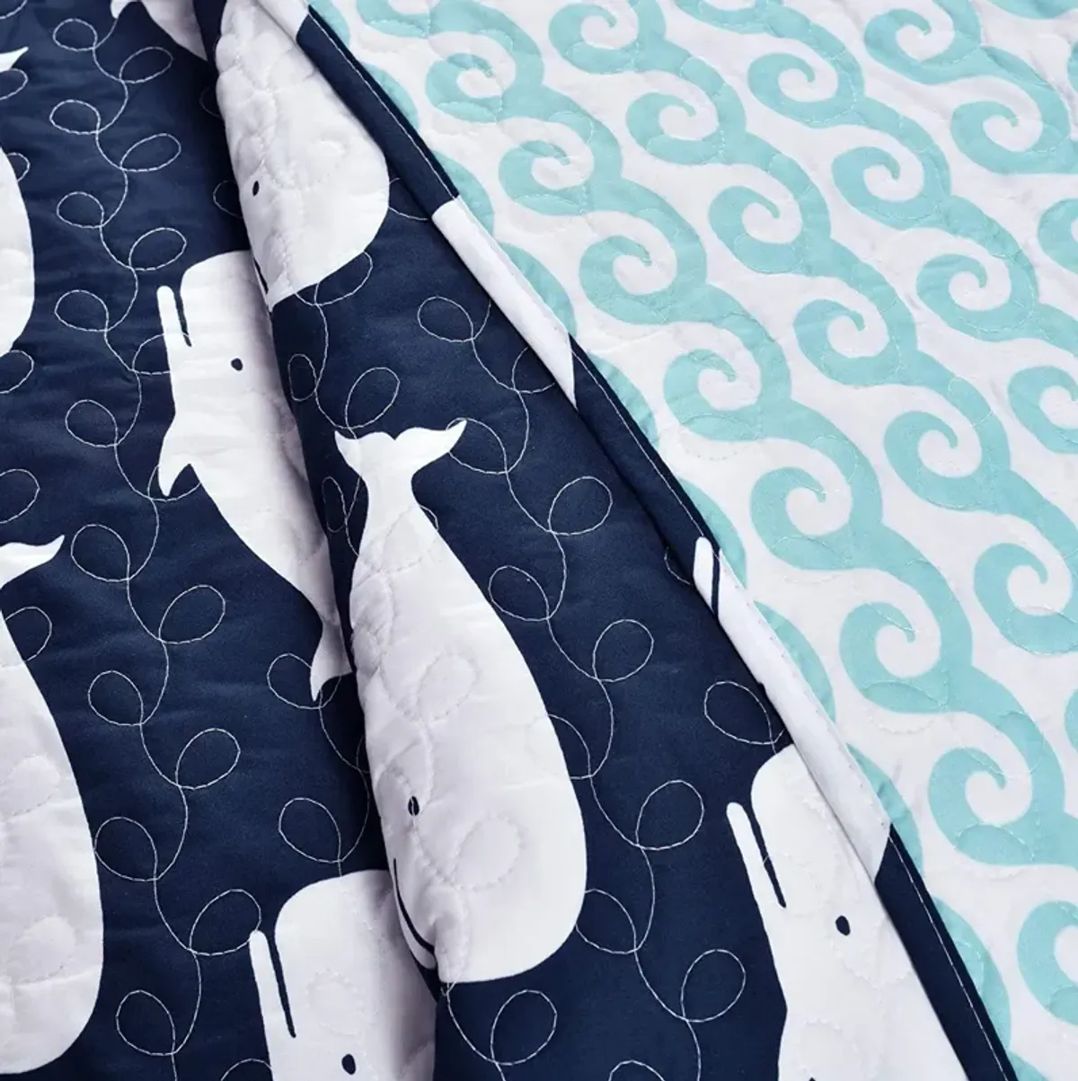 QuikFurn Full/Queen 5 Piece Bed In A Bag Navy Teal Microfiber Waves Whales Quilt Set