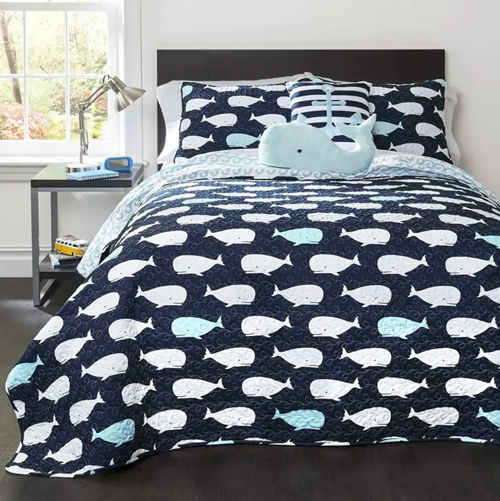 QuikFurn Full/Queen 5 Piece Bed In A Bag Navy Teal Microfiber Waves Whales Quilt Set