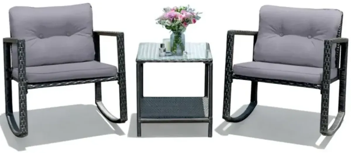 Hivvago 3 Pieces Cushioned Patio Rattan Set with Rocking Chair and Table