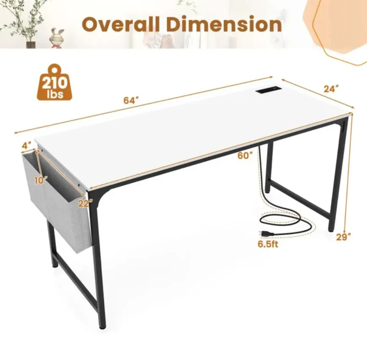 Hivvago 60 Inch Computer Desk with Charging Station Storage Bag