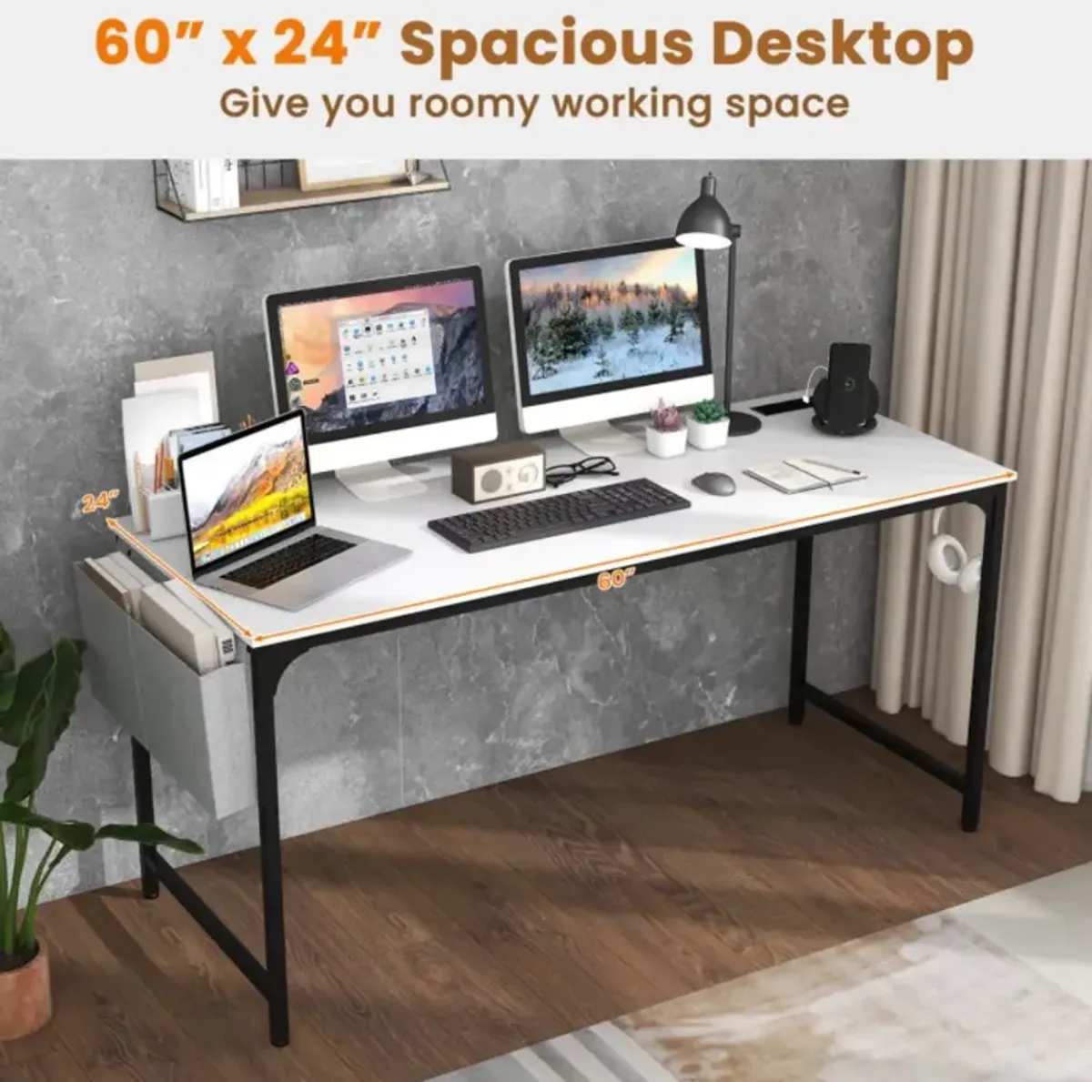 Hivvago 60 Inch Computer Desk with Charging Station Storage Bag