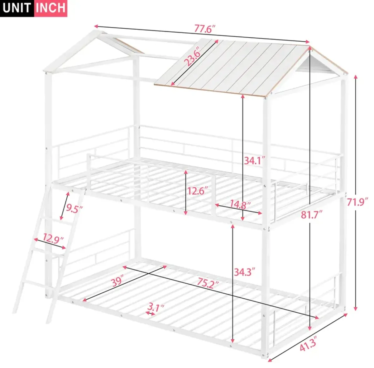 Twin Over Twin Bunk Bed Metal Bed With Half Roof, Guardrail And Ladder