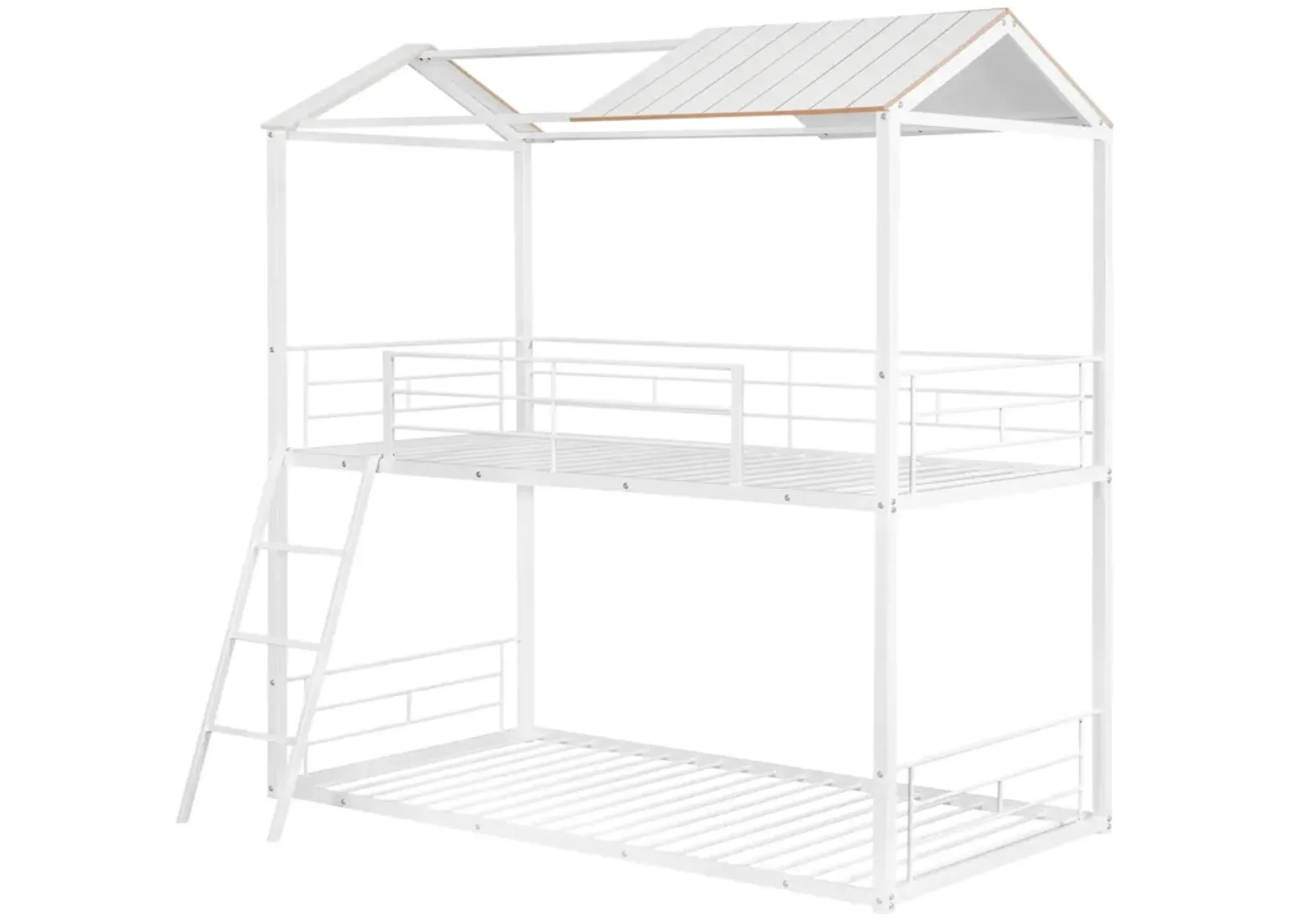 Twin Over Twin Bunk Bed Metal Bed With Half Roof, Guardrail And Ladder