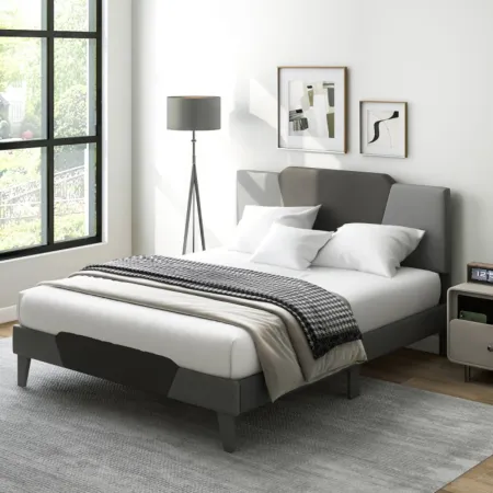 Hivvago Velvet Upholstered Bed Frame with High Headboard