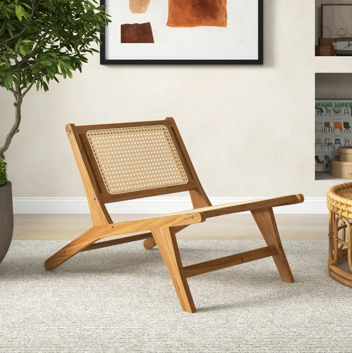 Teak Wooden Chair with Handwoven Rattan Seat and Backrest