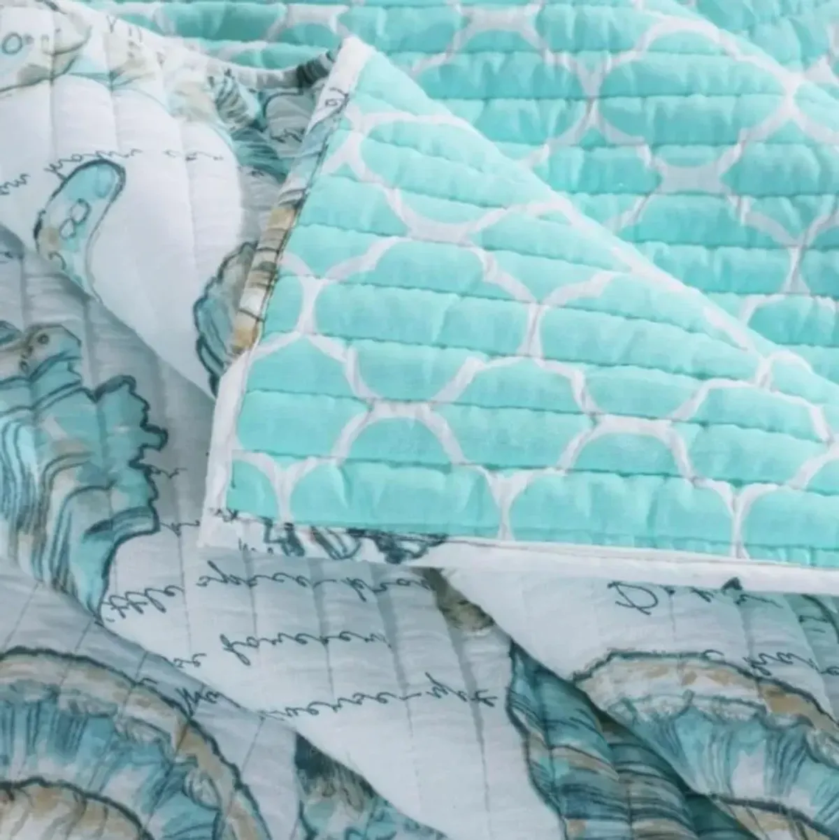 QuikFurn Full / Queen Coastal Seashells White Teal 3 Piece Polyester Reversible Quilt Set