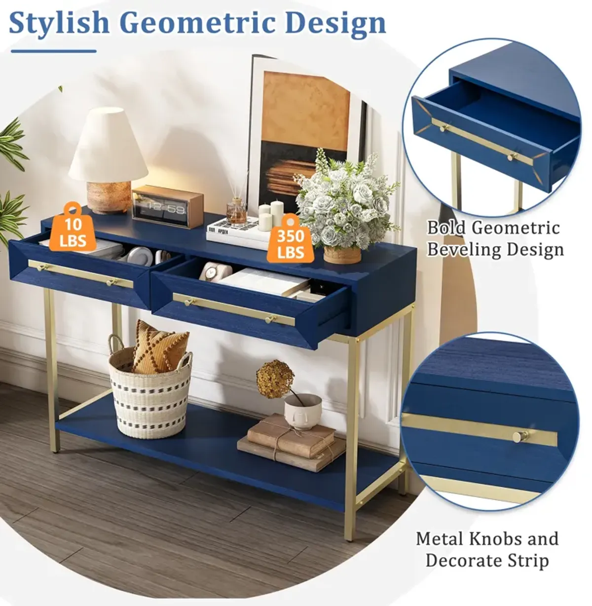 Clihome Entryway Table, Console Table with Two Drawers, Retro Hallway Table with Striking Geometric Design for Entryway and Living Room (Navy)