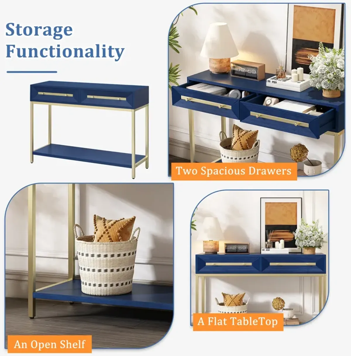 Clihome Entryway Table, Console Table with Two Drawers, Retro Hallway Table with Striking Geometric Design for Entryway and Living Room (Navy)