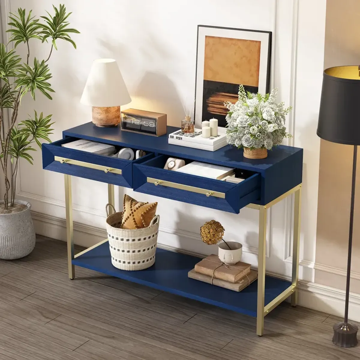 Clihome Entryway Table, Console Table with Two Drawers, Retro Hallway Table with Striking Geometric Design for Entryway and Living Room (Navy)
