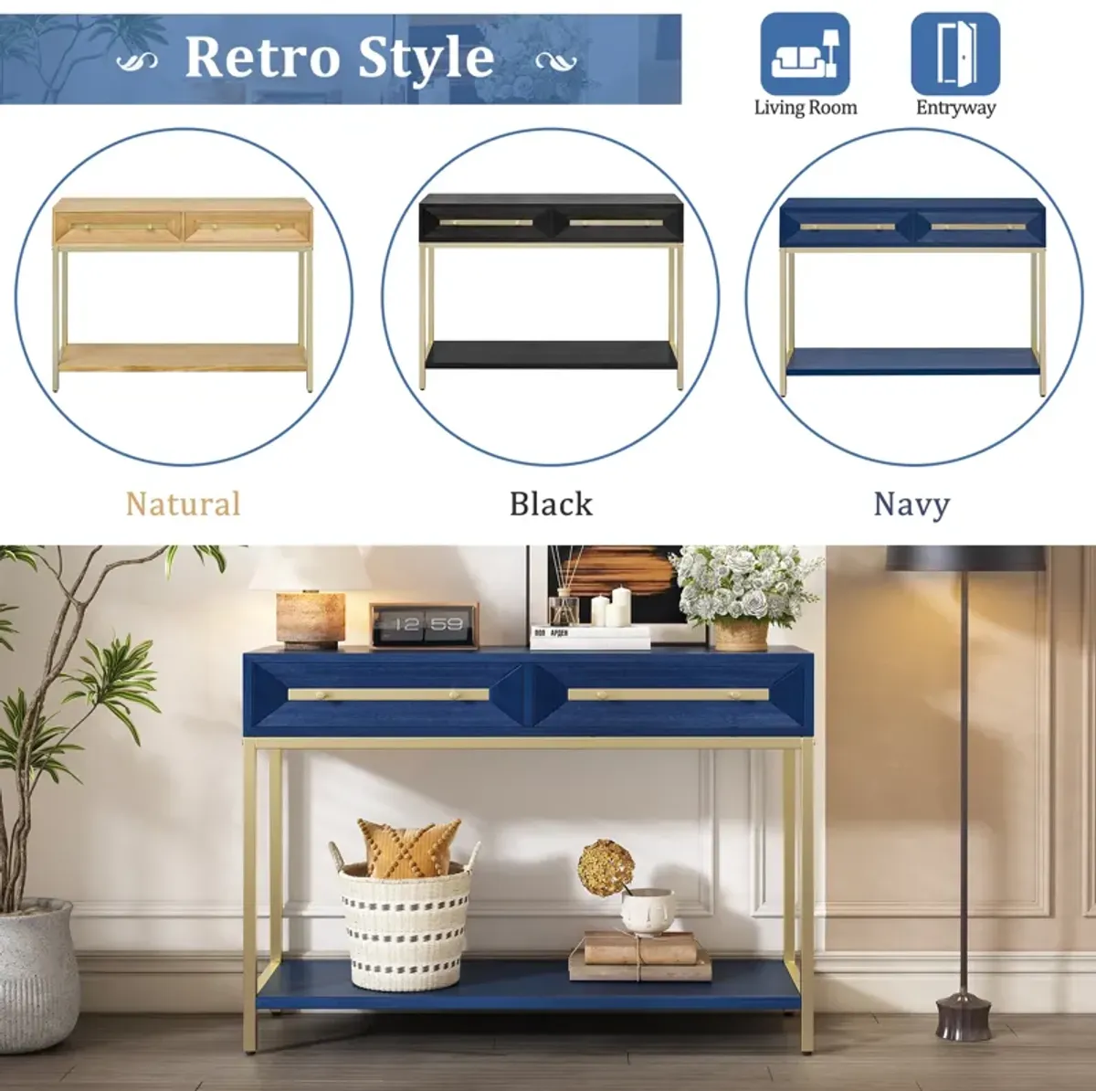 Clihome Entryway Table, Console Table with Two Drawers, Retro Hallway Table with Striking Geometric Design for Entryway and Living Room (Navy)