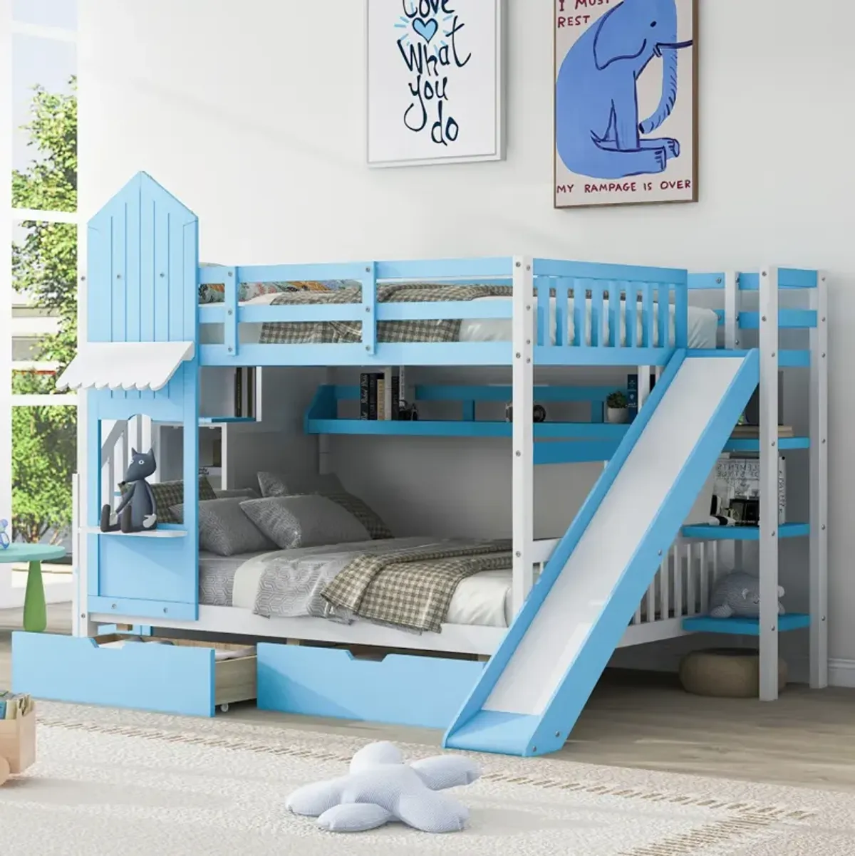 Full Over Full Castle Style Bunk Bed With 2 Drawers 3 Shelves And Slide