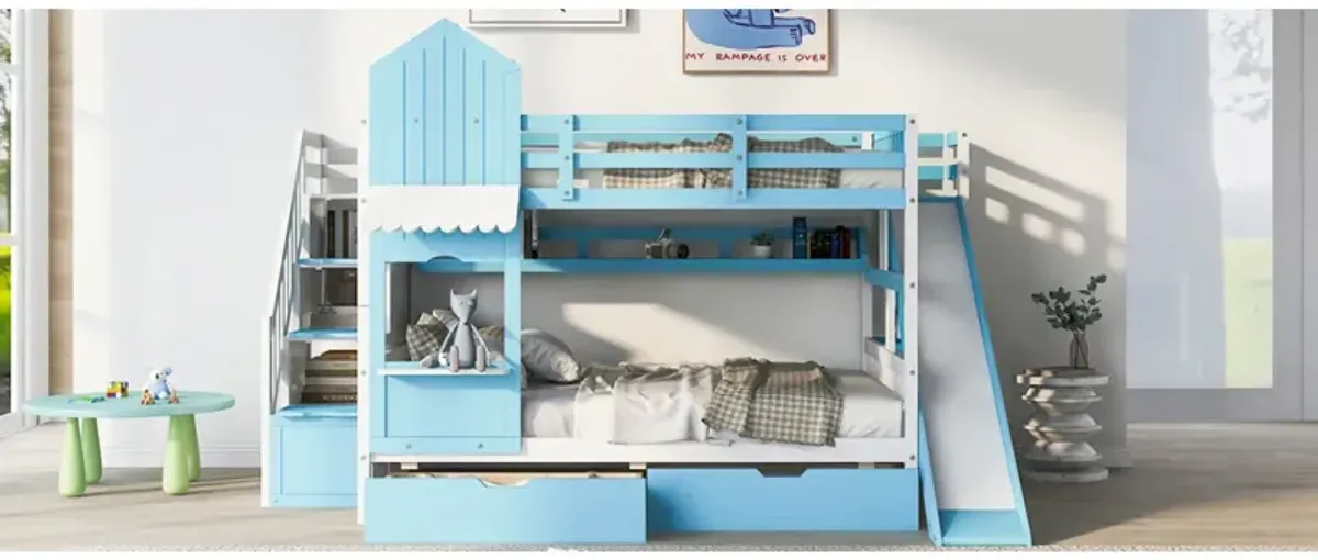 Full Over Full Castle Style Bunk Bed With 2 Drawers 3 Shelves And Slide