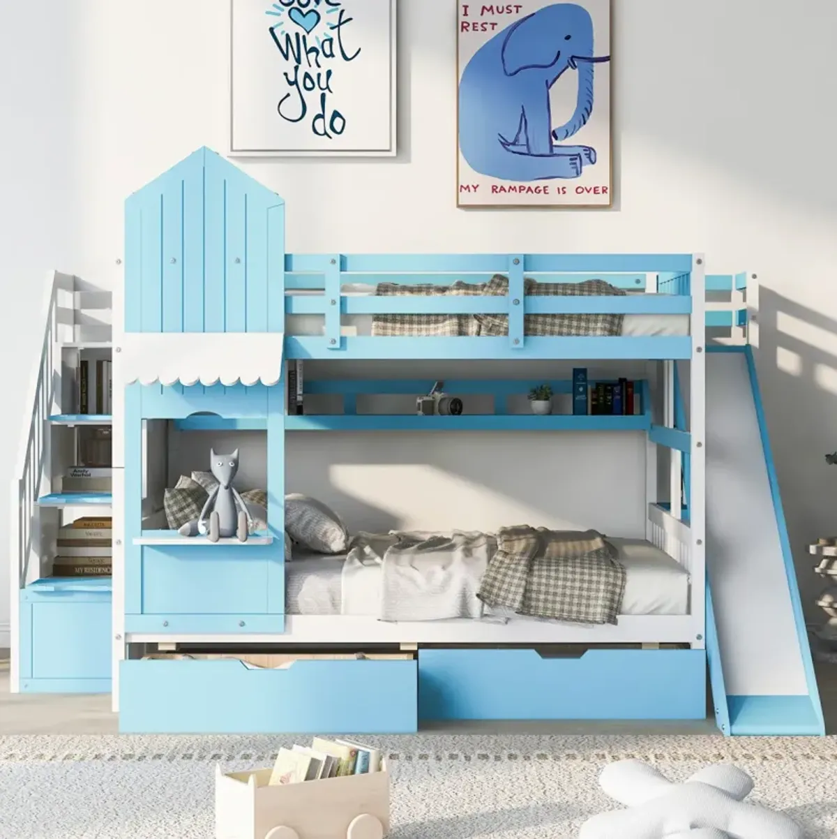 Full Over Full Castle Style Bunk Bed With 2 Drawers 3 Shelves And Slide