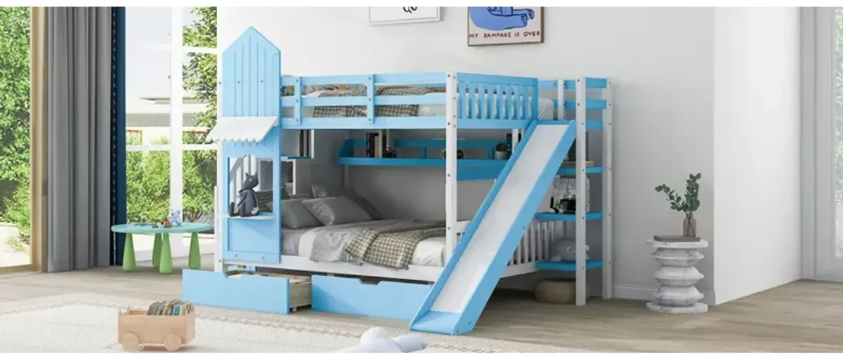 Full Over Full Castle Style Bunk Bed With 2 Drawers 3 Shelves And Slide