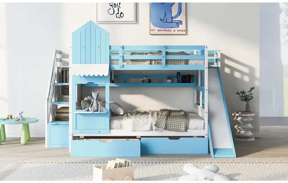 Full Over Full Castle Style Bunk Bed With 2 Drawers 3 Shelves And Slide