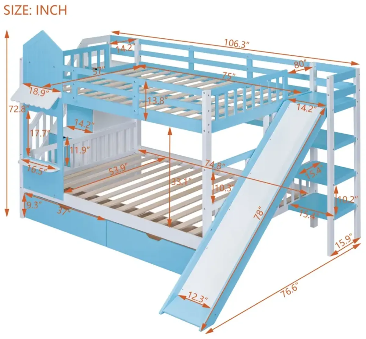 Full Over Full Castle Style Bunk Bed With 2 Drawers 3 Shelves And Slide