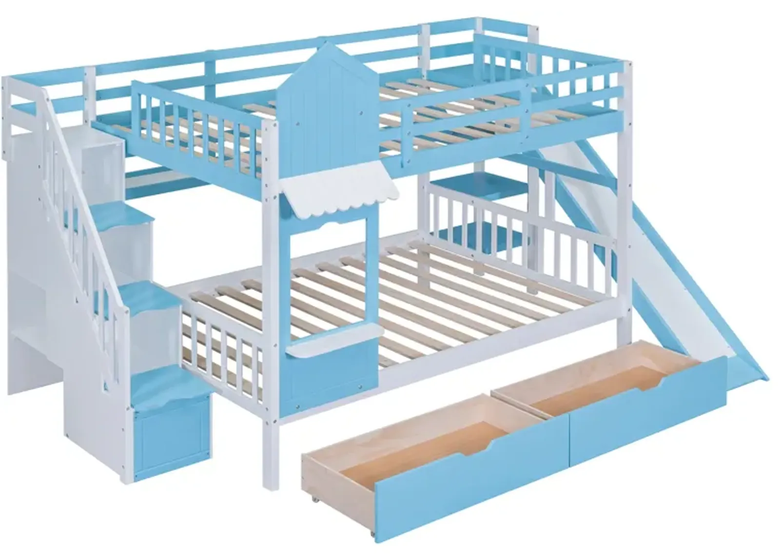 Full Over Full Castle Style Bunk Bed With 2 Drawers 3 Shelves And Slide