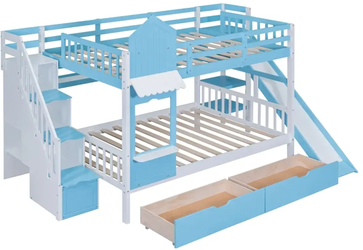 Full Over Full Castle Style Bunk Bed With 2 Drawers 3 Shelves And Slide