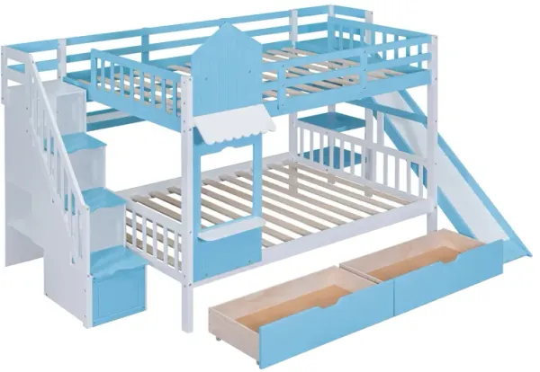 Full Over Full Castle Style Bunk Bed With 2 Drawers 3 Shelves And Slide