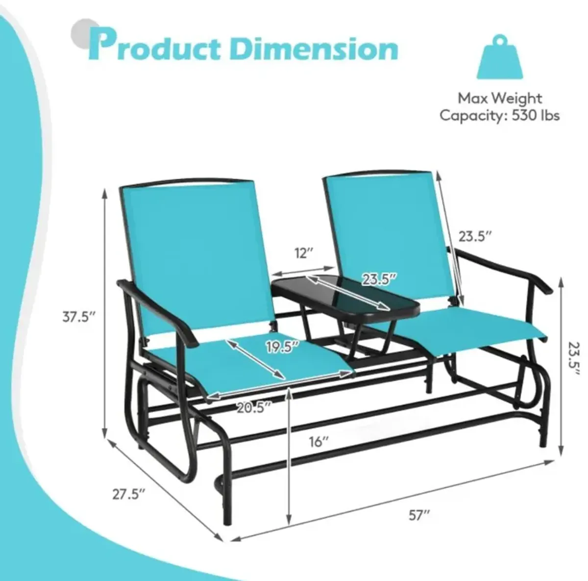 Hivvago 2-Person Double Rocking Loveseat with Mesh Fabric and Center Tempered Glass Table