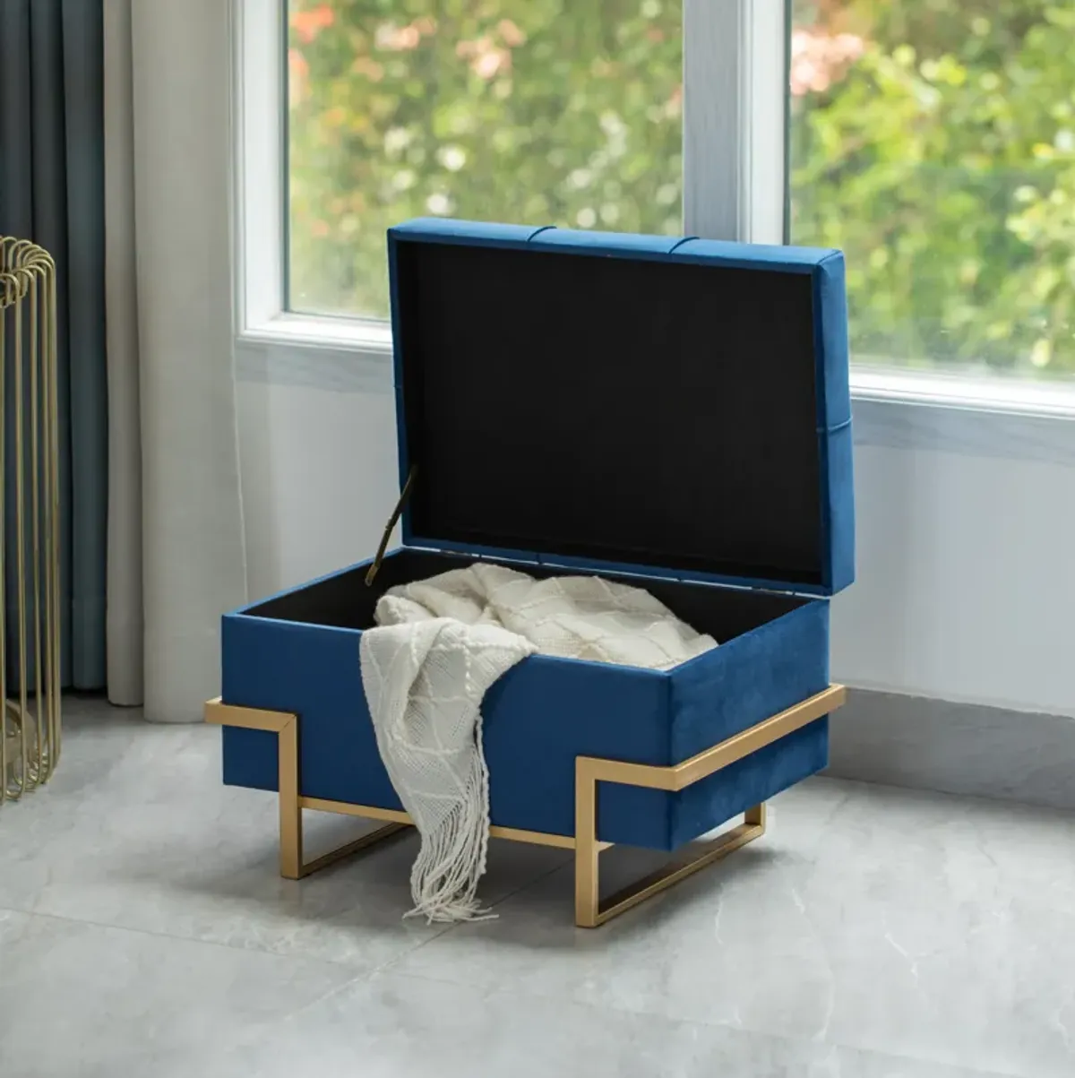 Rectangle Velvet Storage Ottoman Stool Box with Abstract Golden Legs | Decorative Sitting Bench for Living Room Home Decor with Unique Base Support (Blue Small)