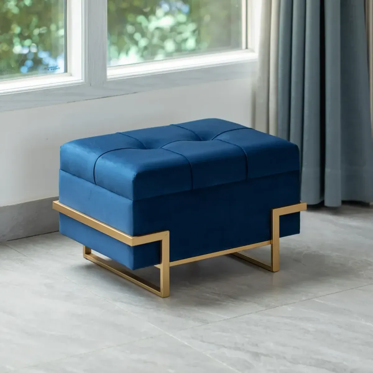 Rectangle Velvet Storage Ottoman Stool Box with Abstract Golden Legs | Decorative Sitting Bench for Living Room Home Decor with Unique Base Support (Blue Small)