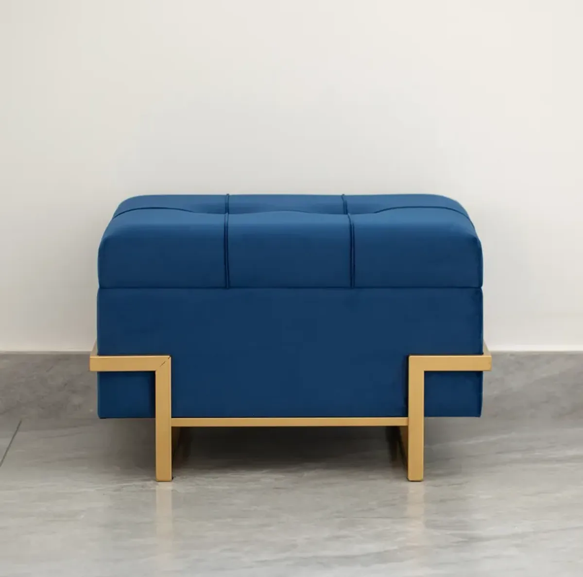 Rectangle Velvet Storage Ottoman Stool Box with Abstract Golden Legs | Decorative Sitting Bench for Living Room Home Decor with Unique Base Support (Blue Small)