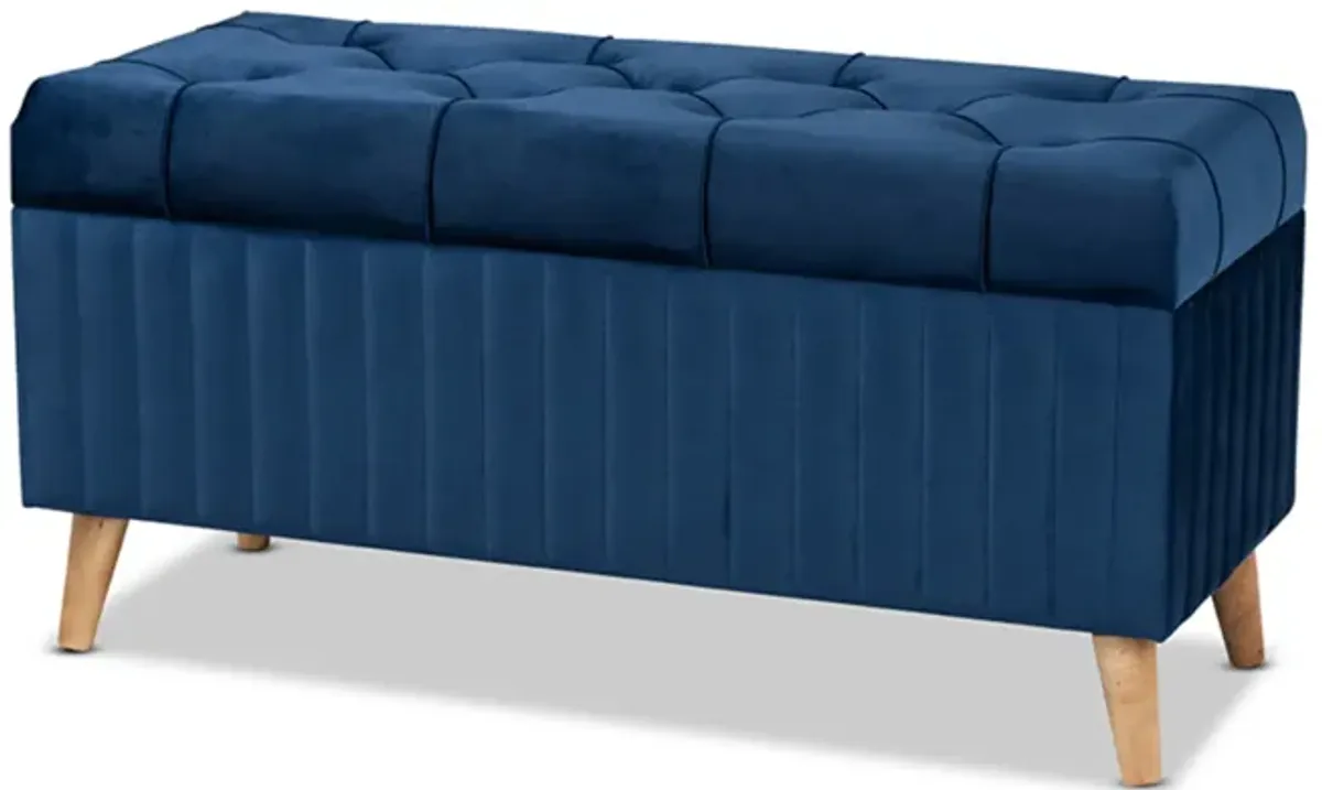 Baxton Studio Hanley Modern and Contemporary Navy Blue Velvet Fabric Upholstered and Walnut Brown Finished Wood Storage Ottoman