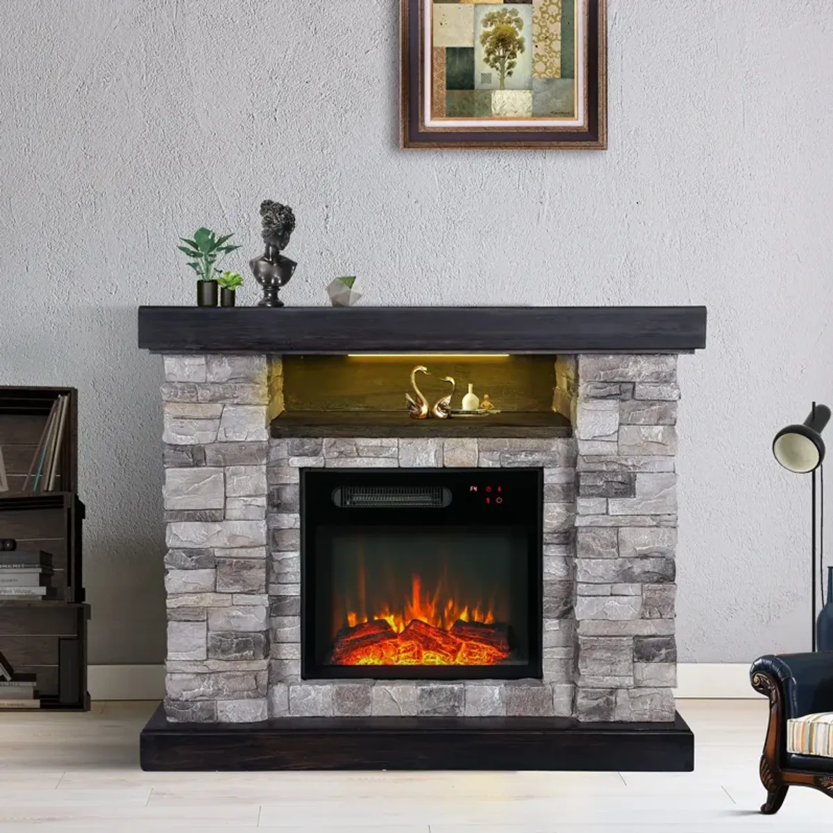 FESTIVO 40-inch Faux Stone Freestanding Electric Fireplace with LED strip