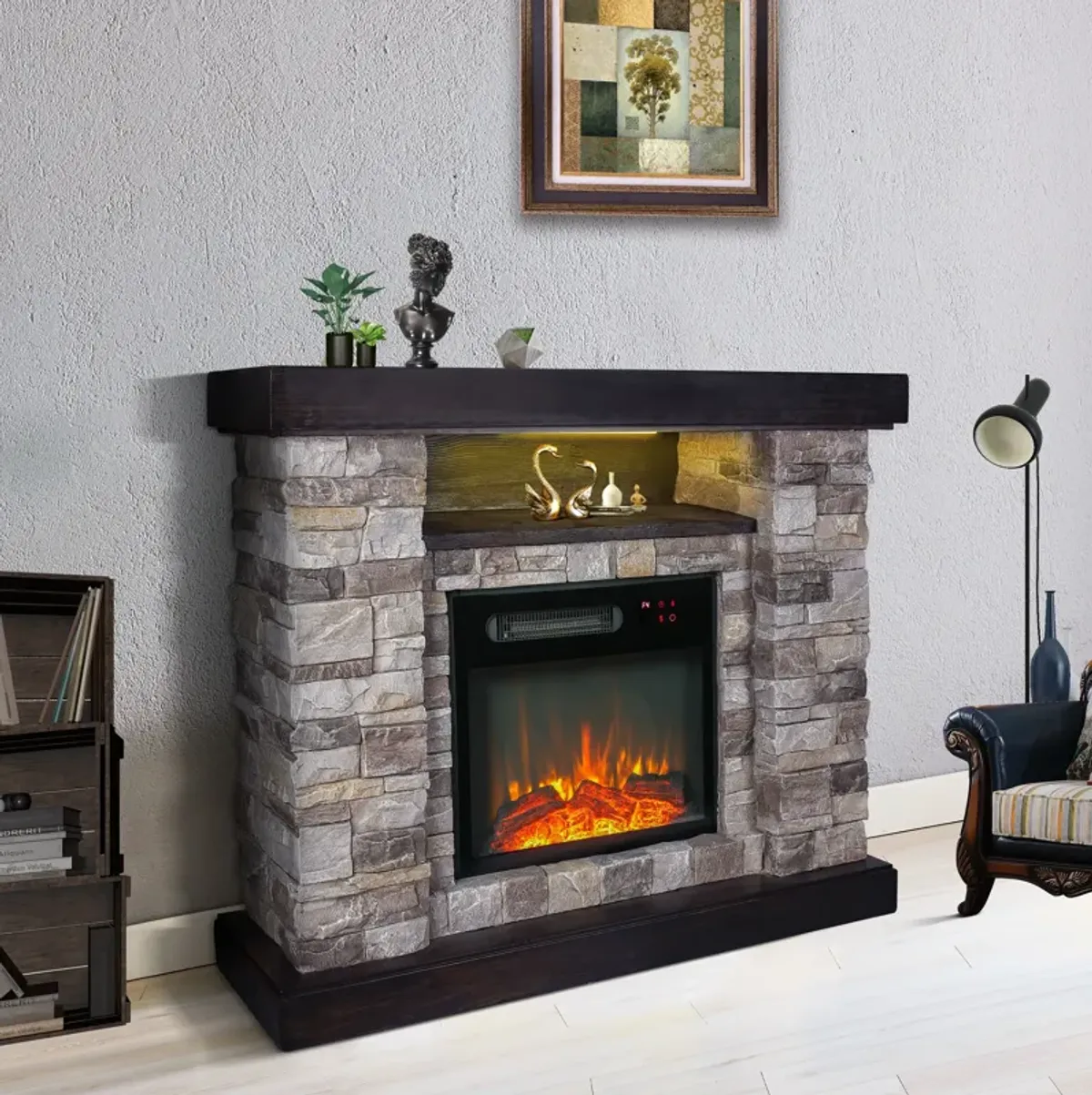 FESTIVO 40-inch Faux Stone Freestanding Electric Fireplace with LED strip