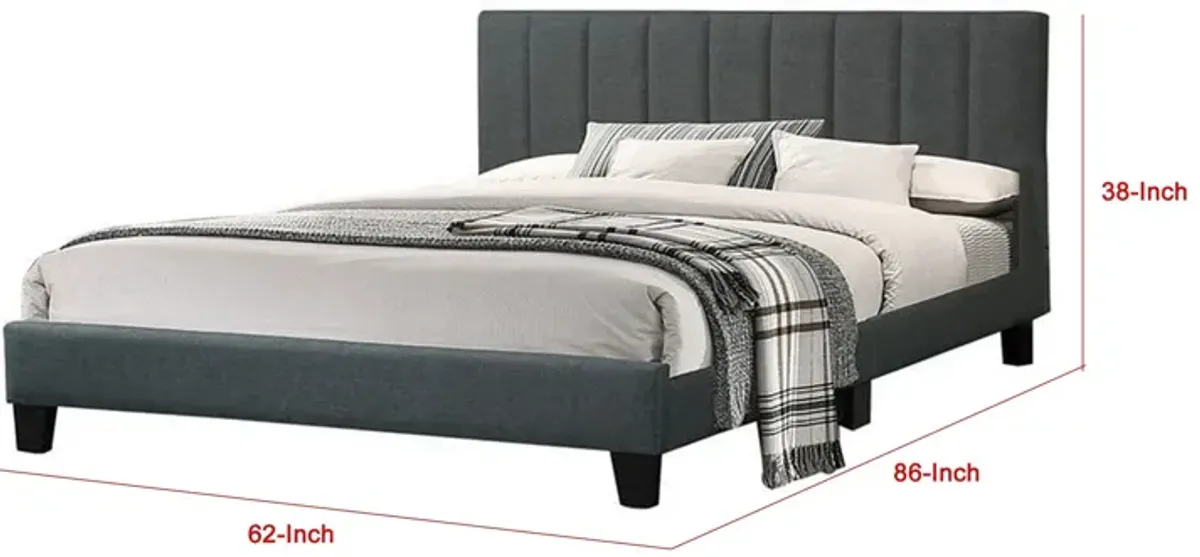 Eve Platform Queen Size Bed, Vertical Channel Tufting, Charcoal Upholstery - Benzara