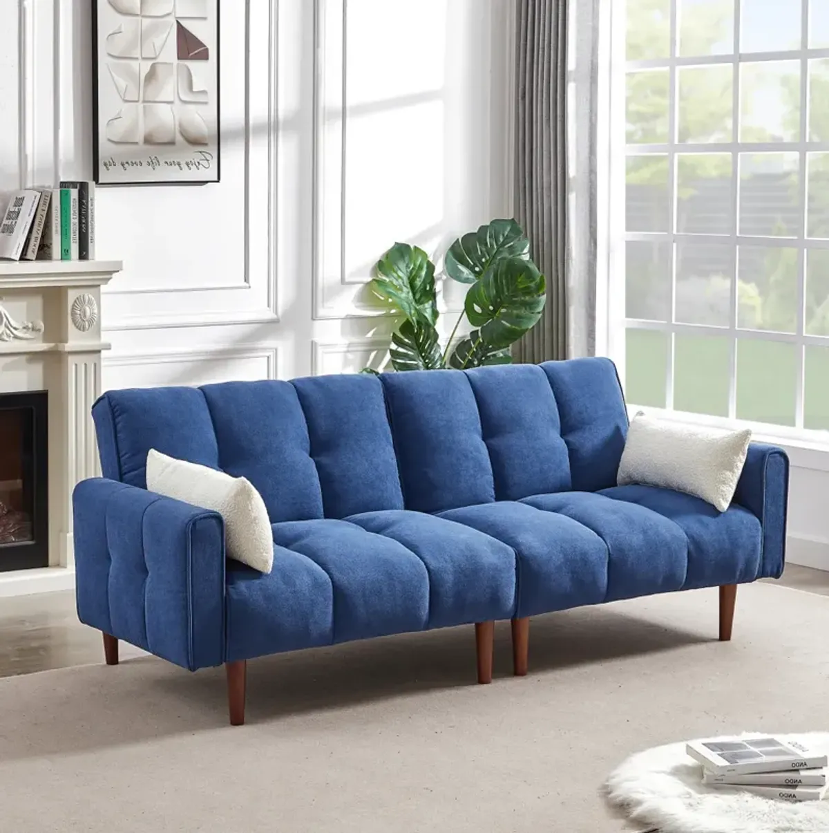 Modern Blue Convertible Futon with Adjustable Couch