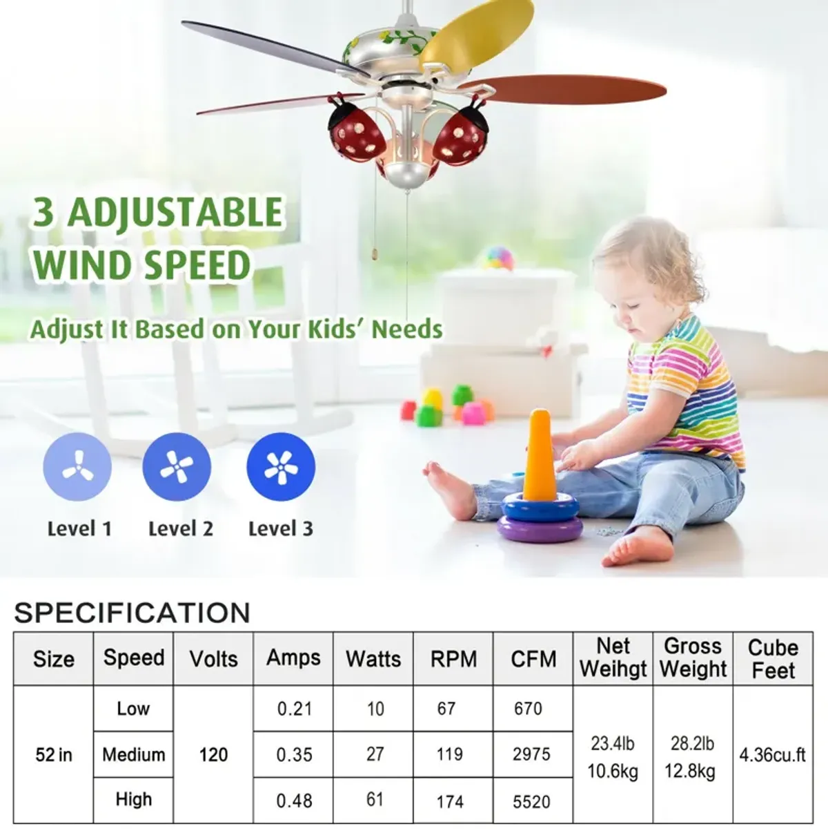 52 Inch Kids Ceiling Fan with Pull Chain Control