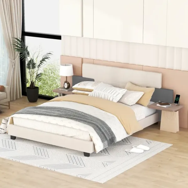 Queen Size Upholstered Platform Bed With Bedside Shelves And USB Charging Design