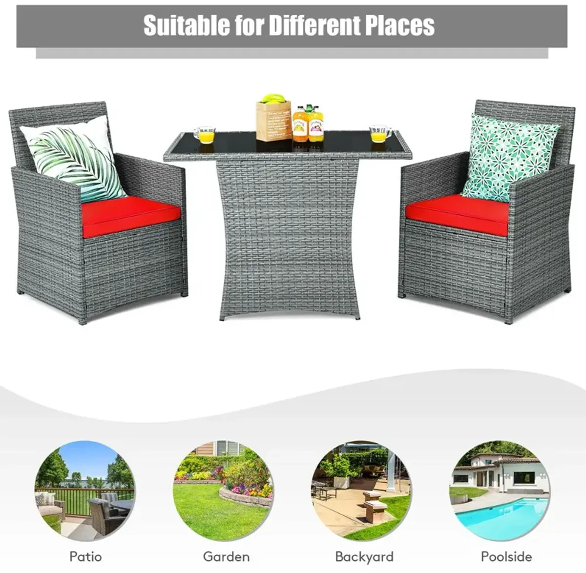 3 Pieces Patio Rattan Furniture Set with Cushioned Armrest Sofa