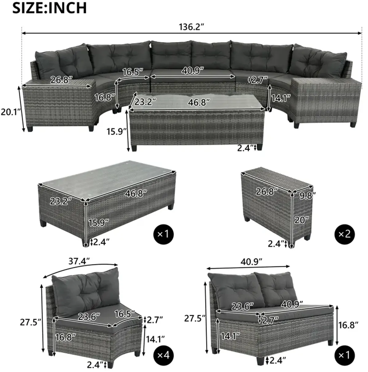 Merax 8-pieces Outdoor Wicker Round Sofa Set，Curved Sofa Set With Rectangular Coffee Table