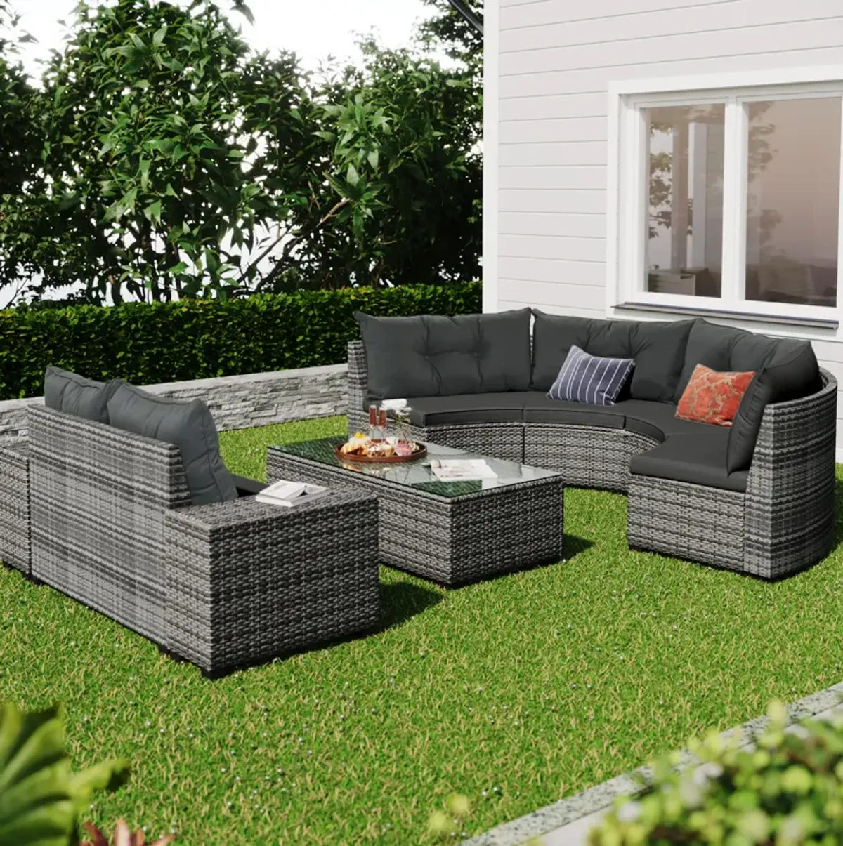 Merax 8-pieces Outdoor Wicker Round Sofa Set，Curved Sofa Set With Rectangular Coffee Table