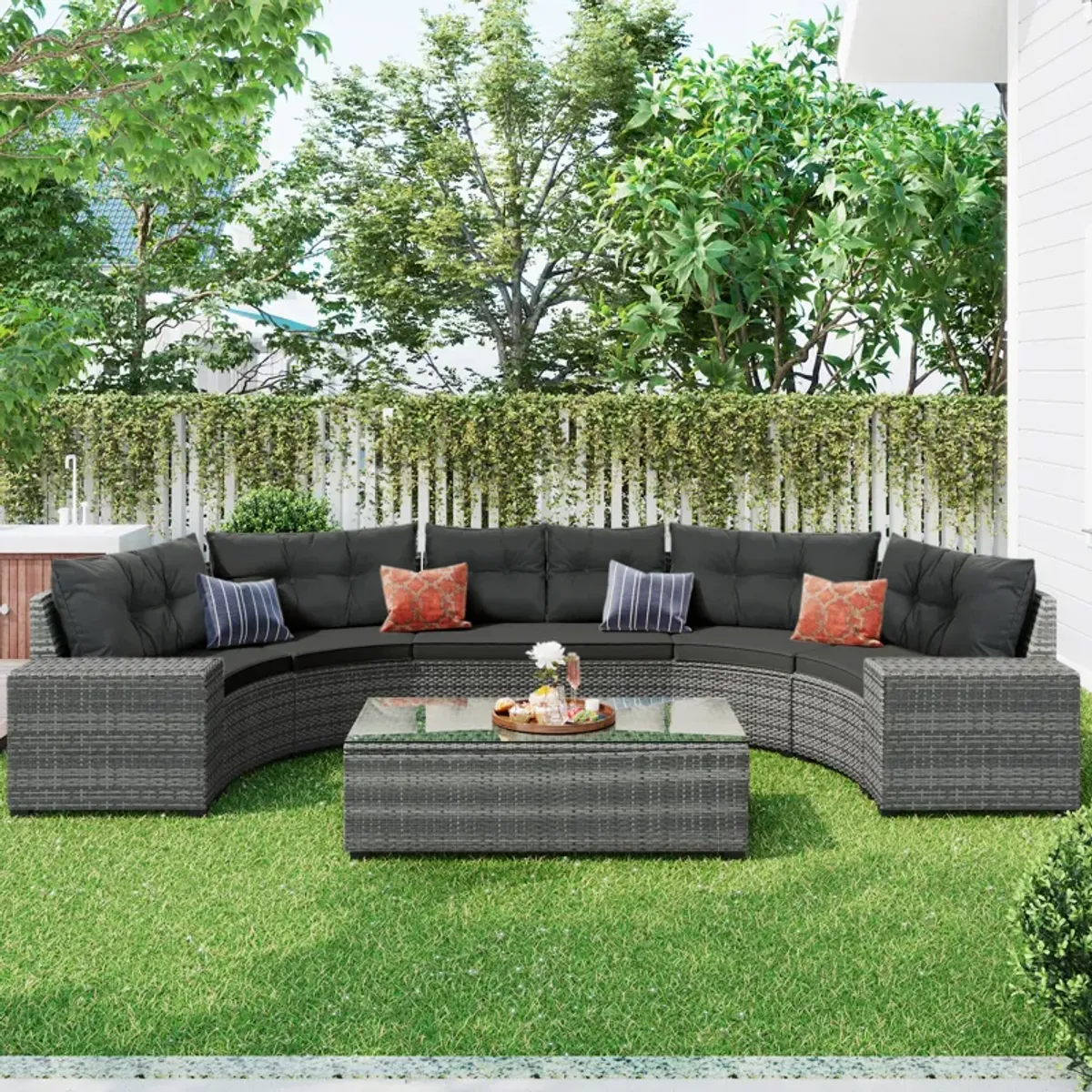 Merax 8-pieces Outdoor Wicker Round Sofa Set，Curved Sofa Set With Rectangular Coffee Table