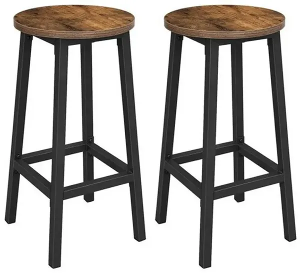 26 Inch Counter Height Stool Set of 2, Brown Round Seat, Black Steel Frame - Benzara