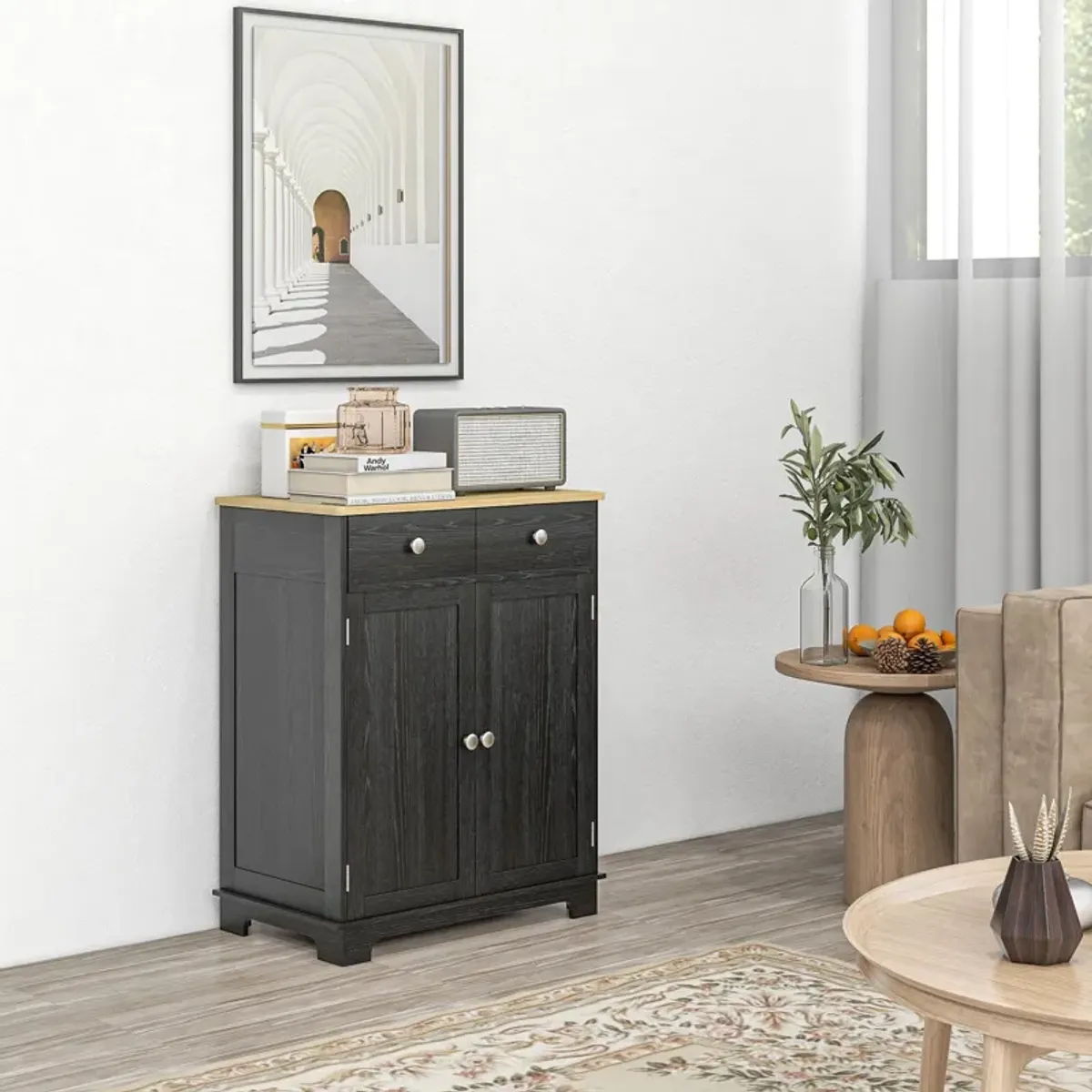 Black Sideboard Cabinet: Wood Top, Adjustable Shelf